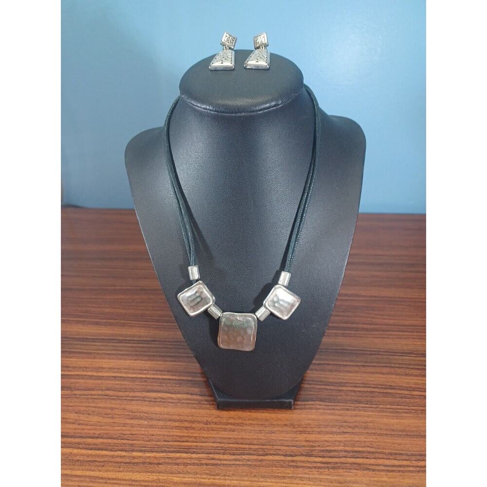 Silvertoned Black Rope Necklace Square Charms & Statement Dangle Drop Earrings